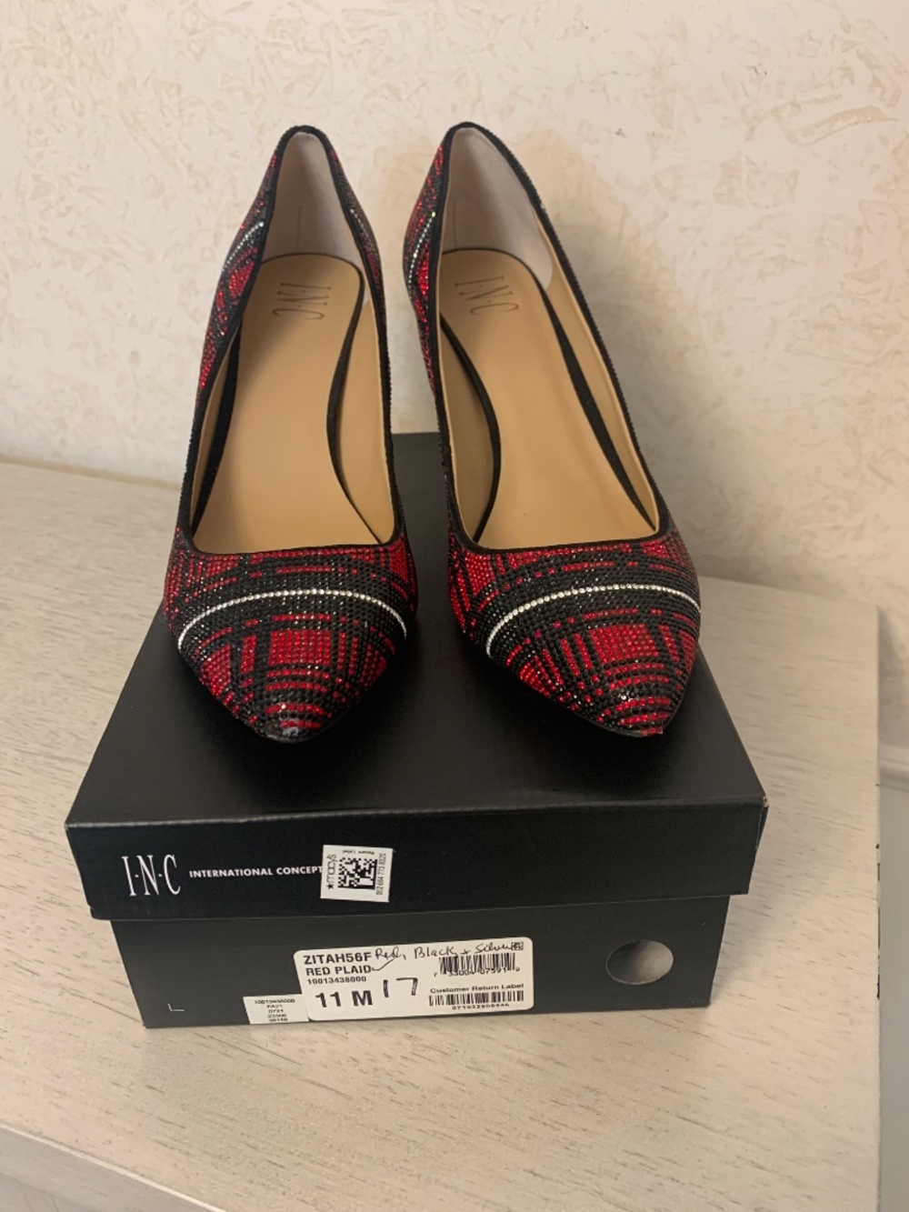I. N. C. Black, red and silver, sparkling plaid heels, size 11. - Picture 2 of 10
